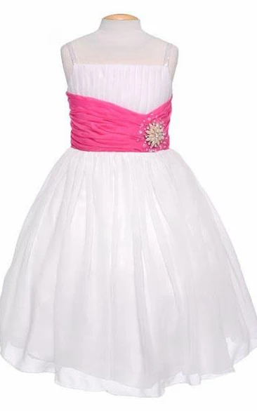 Spaghetti Tea-Length Pleated Chiffon&Sequins Flower Girl Dress With Tiers