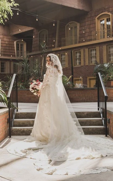 Modest High Neck A-Line Lace Wedding Dress with Chapel Train and Appliques