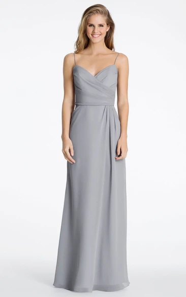 Maxi Spaghetti Ruched Sleeveless Chiffon Bridesmaid Dress With Low-V Back