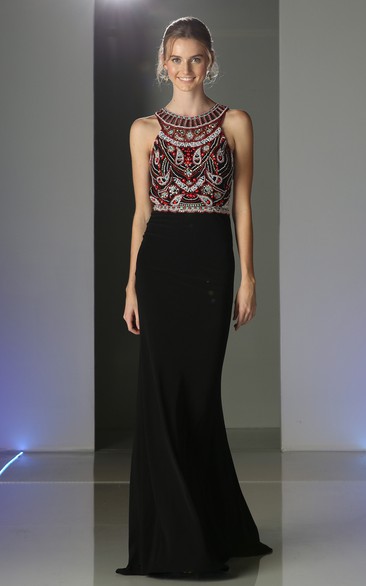 Sheath Long Jewel-Neck Sleeveless Jersey Keyhole Dress With Crystal Detailing