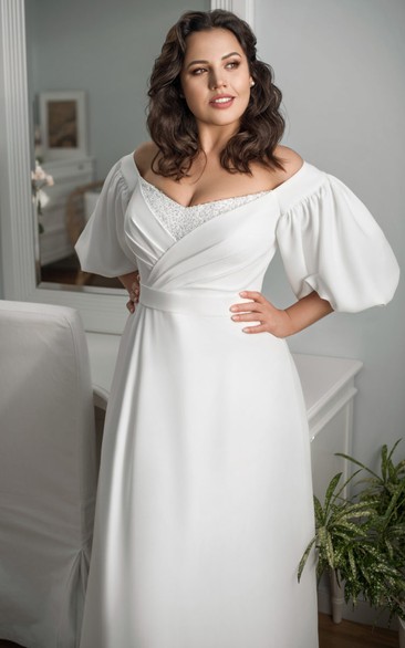 Scoop-neck Chiffon Puff-sleeve Ruched Empire Plus Size Wedding Dress