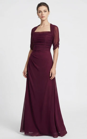 Ruched Short Sleeve Square Neck Chiffon Gown