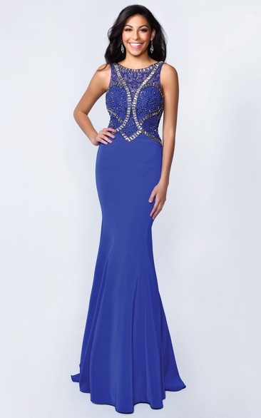 Sheath Long Scoop-Neck Sleeveless Jersey Deep-V Back Dress With Beading