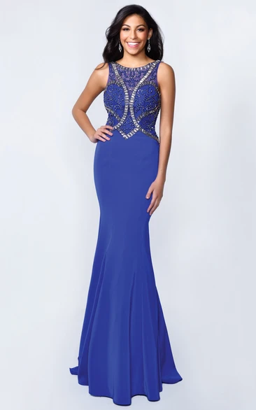 Sheath Long Scoop-Neck Sleeveless Jersey Deep-V Back Dress With Beading