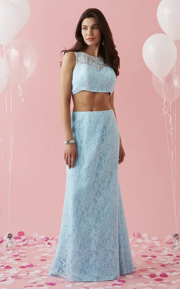 Two-Piece Sheath Floor-Length Scoop-Neck Sleeveless Lace Illusion Dress