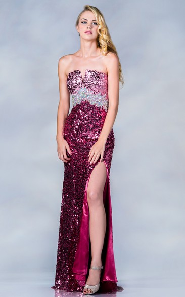 Sheath Long Notched Sleeveless Sequins Backless Dress With Split Front And Beading