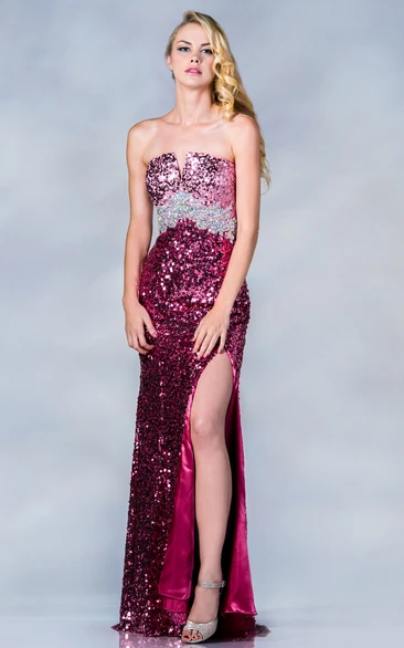 Sheath Long Notched Sleeveless Sequins Backless Dress With Split Front And Beading