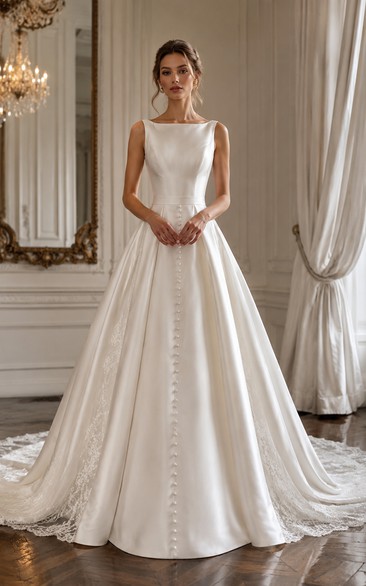 Bateau Satin Ball Gown Vintage Wedding Dress