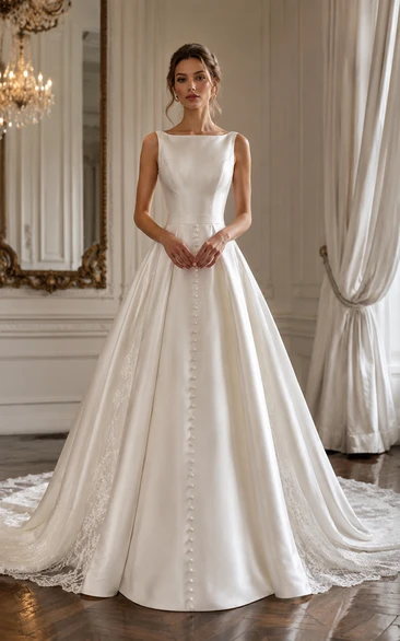 Bateau Satin Ball Gown Vintage Wedding Dress