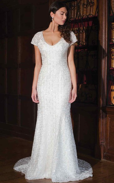 Sheath T-Shirt-Sleeve V-Neck Lace Wedding Dress With Beading And Keyhole