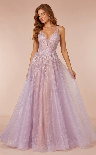 Lavender Glitter Tulle A-Line Formal Dress with V-Neck Applique Bodice