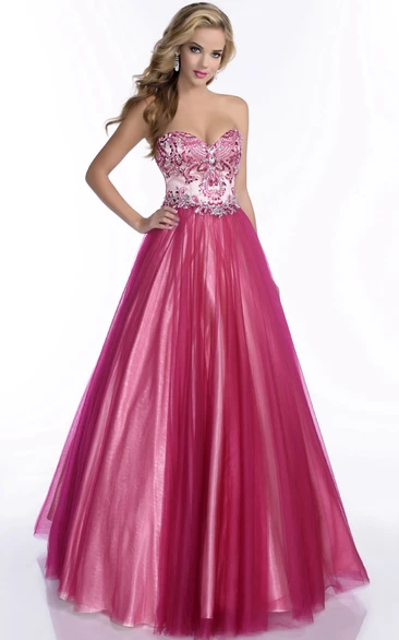 A-Line Sweetheart Tulle Prom Dress With Jeweled Bodice And Pleats