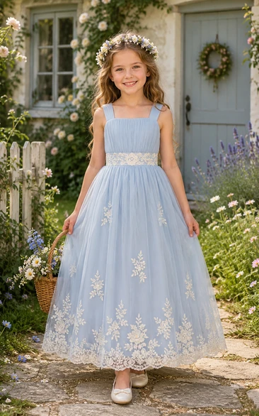 Sky Blue Tea-Length A-Line Lace Flower Girl Dress with Appliques, Floral Details, Bow Sash