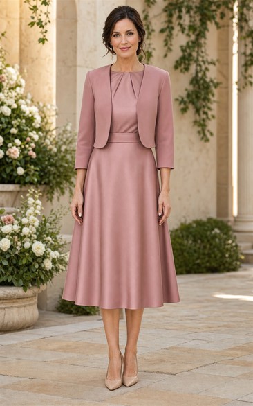 Dusty Rose Satin Tea-Length Dress with Jacket