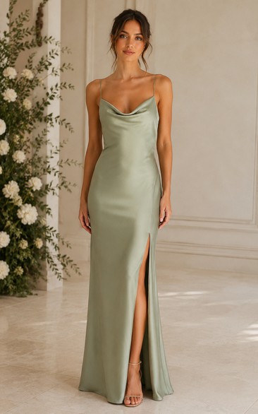 Sage Cowl Neck Satin Slit Bridesmaid Dress