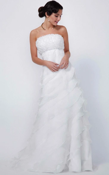 A-Line Sleeveless Strapless Rufflesd Floor-Length Organza Wedding Dress With Tiers