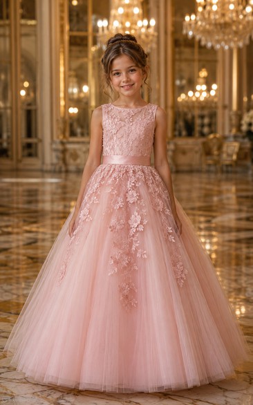 Princess Pink Lace Tulle Flower Girl Ball Gown