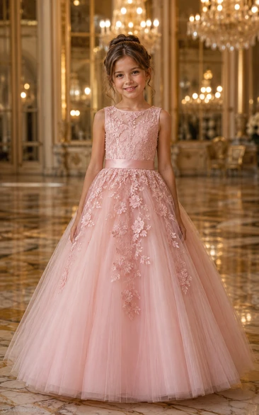 Princess Pink Lace Tulle Flower Girl Ball Gown