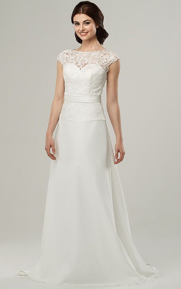 Floor-Length Jewel Appliqued Cap-Sleeve Chiffon Wedding Dress