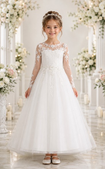 Long Sleeve Lace Illusion White Tulle Flower Girl Dress