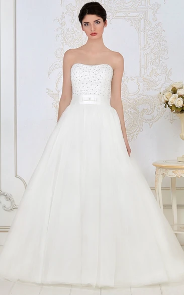 A-Line Beaded Sleeveless Maxi Strapless Tulle Wedding Dress