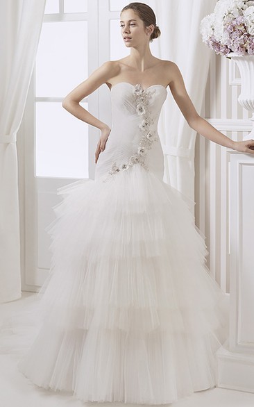 Trumpet Sweetheart Ruched Long Tulle Wedding Dress With Flower And Tiers