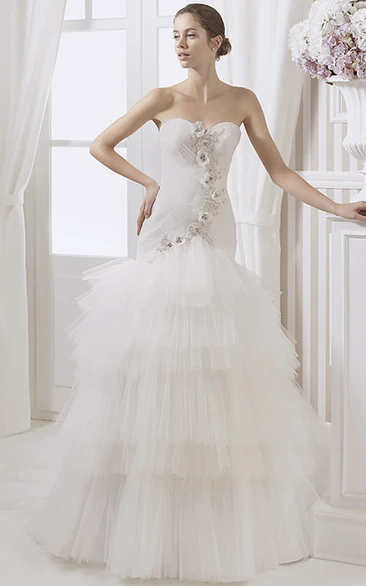 Trumpet Sweetheart Ruched Long Tulle Wedding Dress With Flower And Tiers