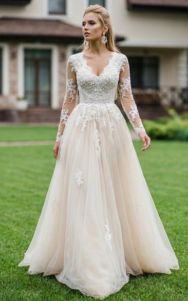 A-Line Lace Applique Long Sleeve Wedding Dress