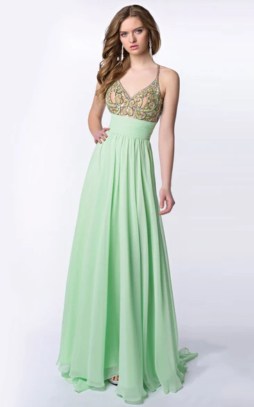 Long Chiffon A-Line V-Neck Homecoming Dress With Pleats And Cross Straps