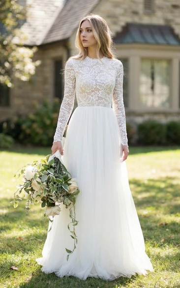 Long Sleeve Lace A-Line Gown with Open Back