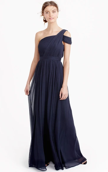 Sheath Ruched Long One-Shoulder Chiffon Bridesmaid Dress With Pleats