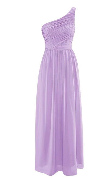 Long Simple One-shoulder Chiffon Ruched A-line Dress
