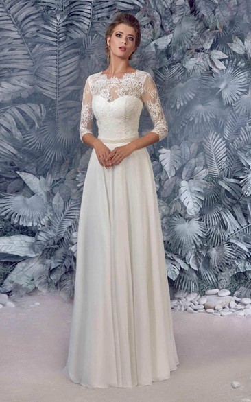 Chiffon Satin Beaded Lace Modest Wedding Dress