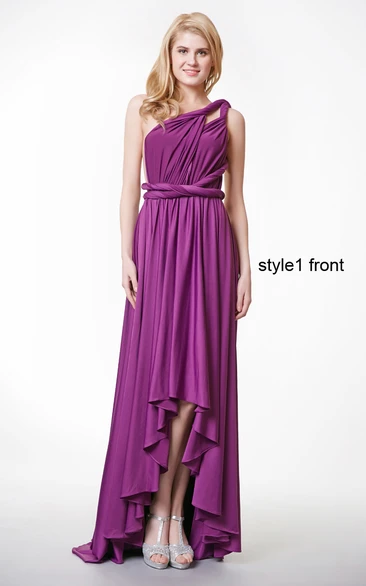 Ruched One Shoulder Pleated High Low Jersey Dress With Ruffles