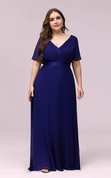 Romantic Chiffon V-neck Half Sleeve A Line Formal Dress With Criss ...