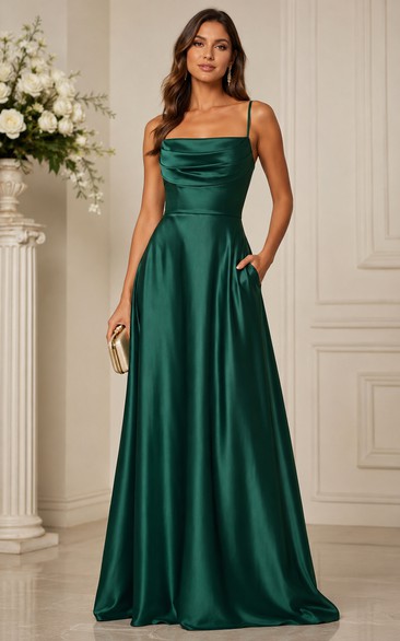 Dark Green Spaghetti Strap Satin A-Line Dress with Pockets