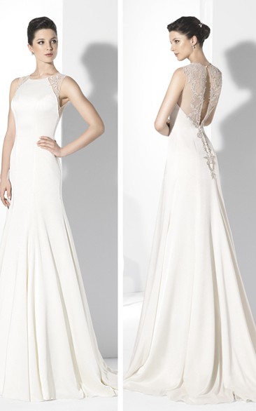 A-Line Maxi Scoop-Neck Sleeveless Lace Chiffon Wedding Dress With Pleats