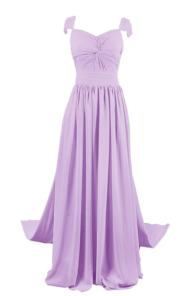 Cap-sleeve Drapped Beaded A-line Gown With Chapel Train