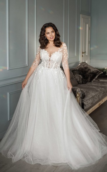 Plus Size Illusion 3-4-sleeve A-line Ball Gown V-neck Lace Wedding Dress with Sweep Train