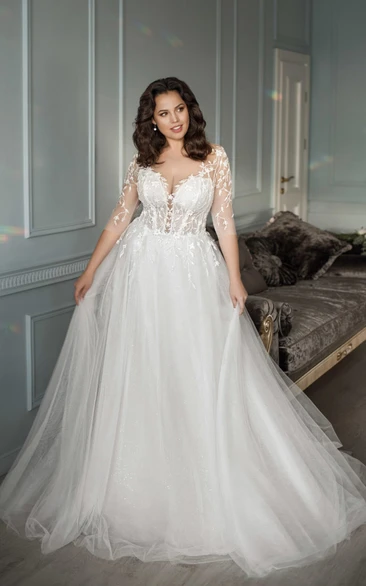 Plus Size Illussion 3-4-sleeve A-line Ball Gown V-neck Wedding Dress with Sweep Train