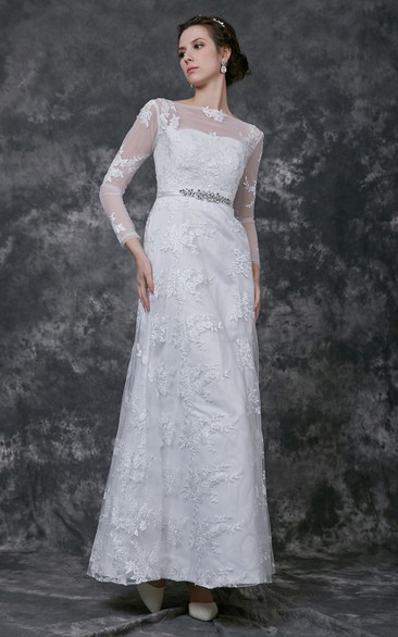 Sophisticated Full Sleeve Bateau Neck A-line Lace Gown With Beaded Belt
