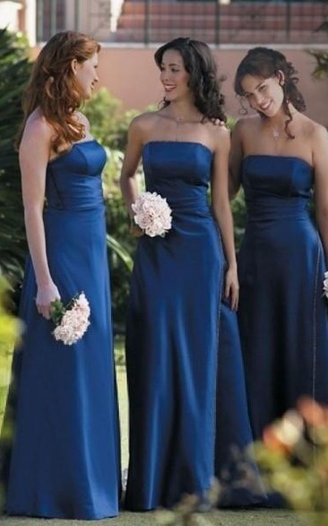 A-line Strapless Ruffles Sleeveless Floor-length Satin Teal Bridesmaid Dresses