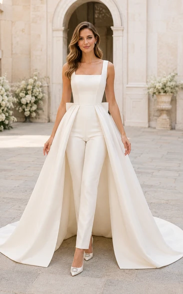 Square Neck Bridal Jumpsuit with Bow Back and Satin Overskirt