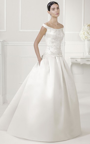 Off Shoulder Drop Waist Satin Bridal Ball Gown With Bow Sash
