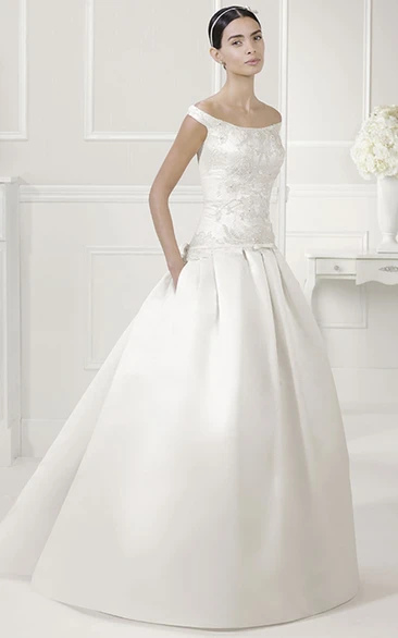 Off Shoulder Drop Waist Satin Bridal Ball Gown With Bow Sash