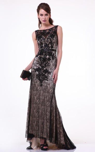 Sheath Long Bateau Sleeveless Lace Deep-V Back Dress With Appliques And Pleats