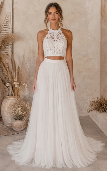 Boho Two Piece Wedding Dress Halter Tulle Lace Floor Length Sweep Train Ivory