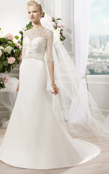 High Neck Long Beaded Chiffon Wedding Dress With Court Train And Illusion