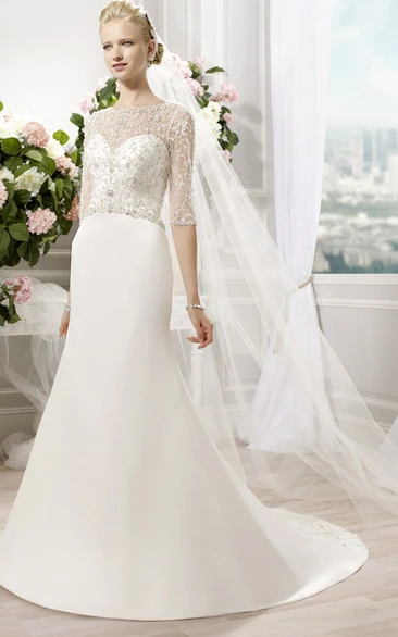 High Neck Long Beaded Chiffon Wedding Dress With Court Train And Illusion