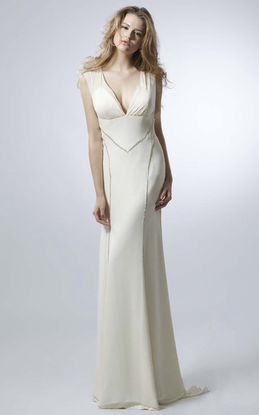 Sheath V-Neck Sleeveless Long Chiffon Wedding Dress With Low-V Back